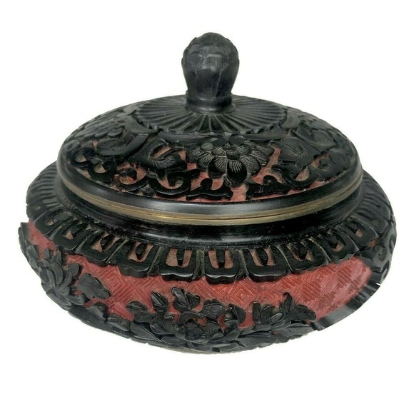 Vintage Chinese Cinnabar Bowl w Lid Black Hand Carved to Red Lacquered